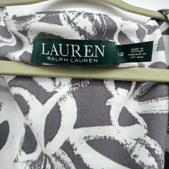 Lauren Ralph Lauren Faux Wrap Dress Size 12 Ruched Floral Abstrast Gray V Neck - Picture 4 of 14